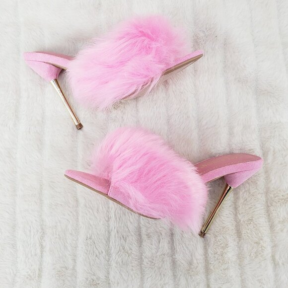 Furry Pointy Toe Slip On Gold Tone Slim Heels Pink Fuji - Picture 4 of 14